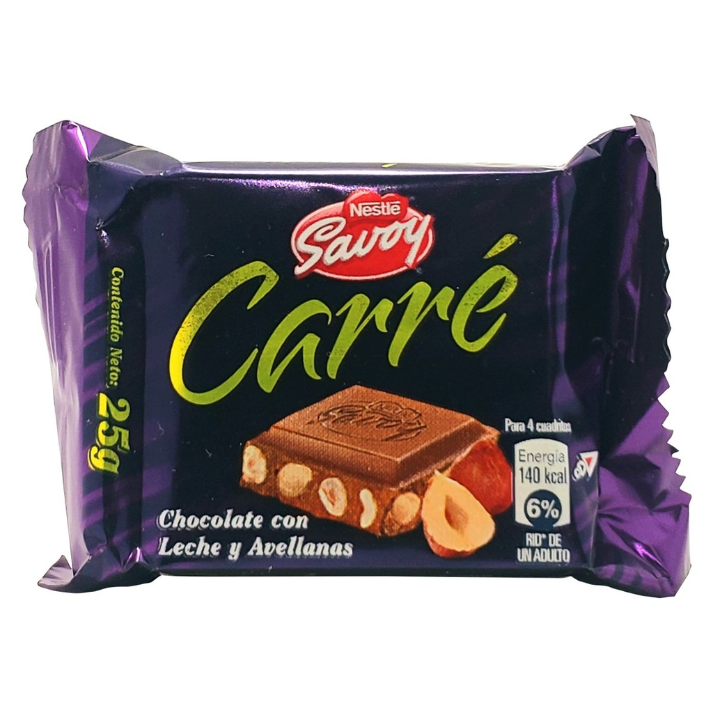 CHOCOLATE SAVOY CON LECHE Y AVELLANAS 25GR (CARRE)