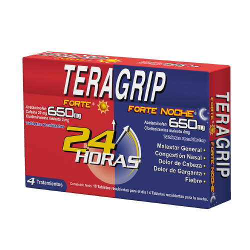[7591821802414] TERAGRIP FORTE DIA - NOCHE (ACETAMINOFEN - CAFEINA - CLORFENIRAMINA) 500MG-10MG-2MG X 10 TABLETAS DIA Y 4 TABLETAS NOCHE (FARMA)